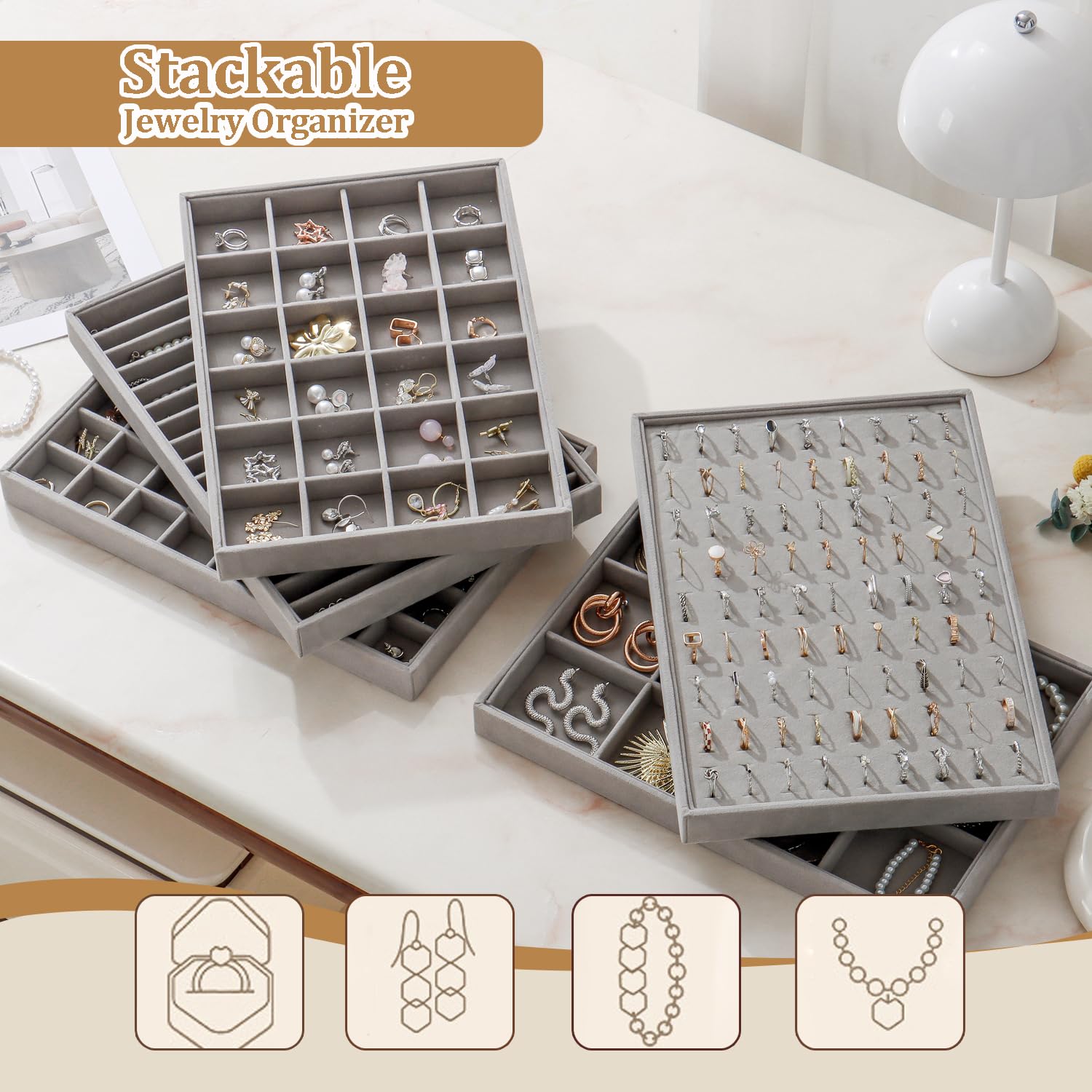 2pcs Large Velvet Jewelry Tray with Drawer, Stackable